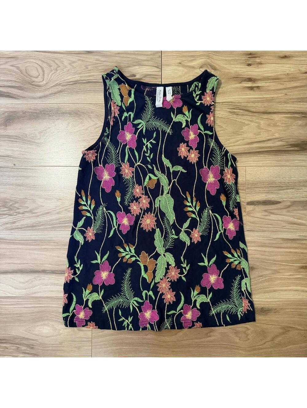 Anthropologie Meadow Rue Embroidered Floral Tank Navy XS Boho Botanical